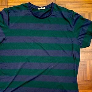 Marine Layer T-shirt Large with Blue and Green Stripes.